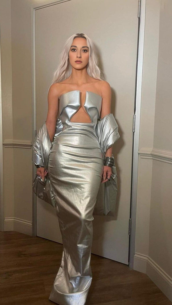 AIIZIE FAUX LEATHER STRAPLESS MAXI DRESS IN SILVER - product image