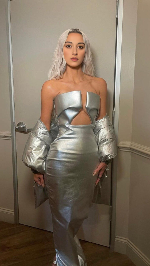 AIIZIE FAUX LEATHER STRAPLESS MAXI DRESS IN SILVER - product image