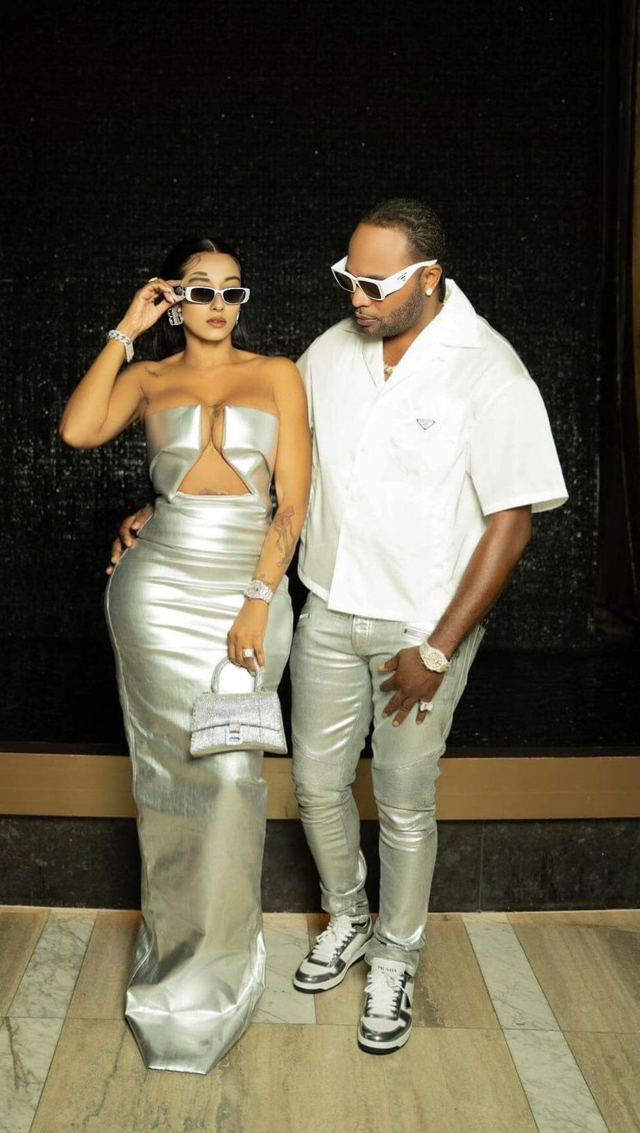 FAUX LEATHER STRAPLESS MAXI DRESS IN SILVER