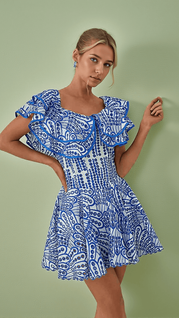 AIIZIE PRINCESS RUFFLE CUTOUT MINI DRESS IN BLUE - product image
