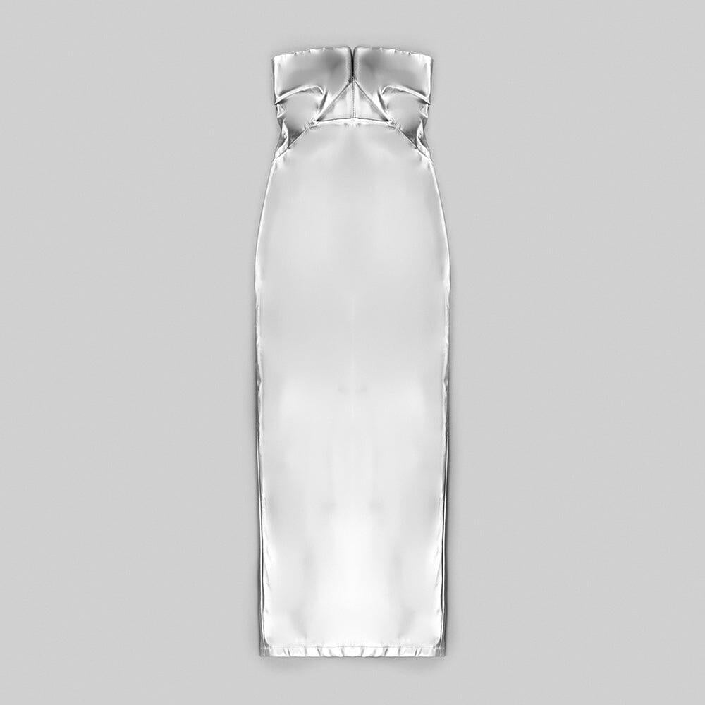 TRÄGERLOSES MAXIKLEID AUS KUNSTLEDER IN SILBER