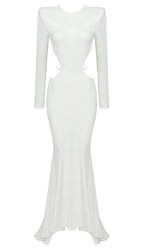 LONG SLEEVE CUT OUT BACKLESS MERMAID MAXI DRESS IN WHITE