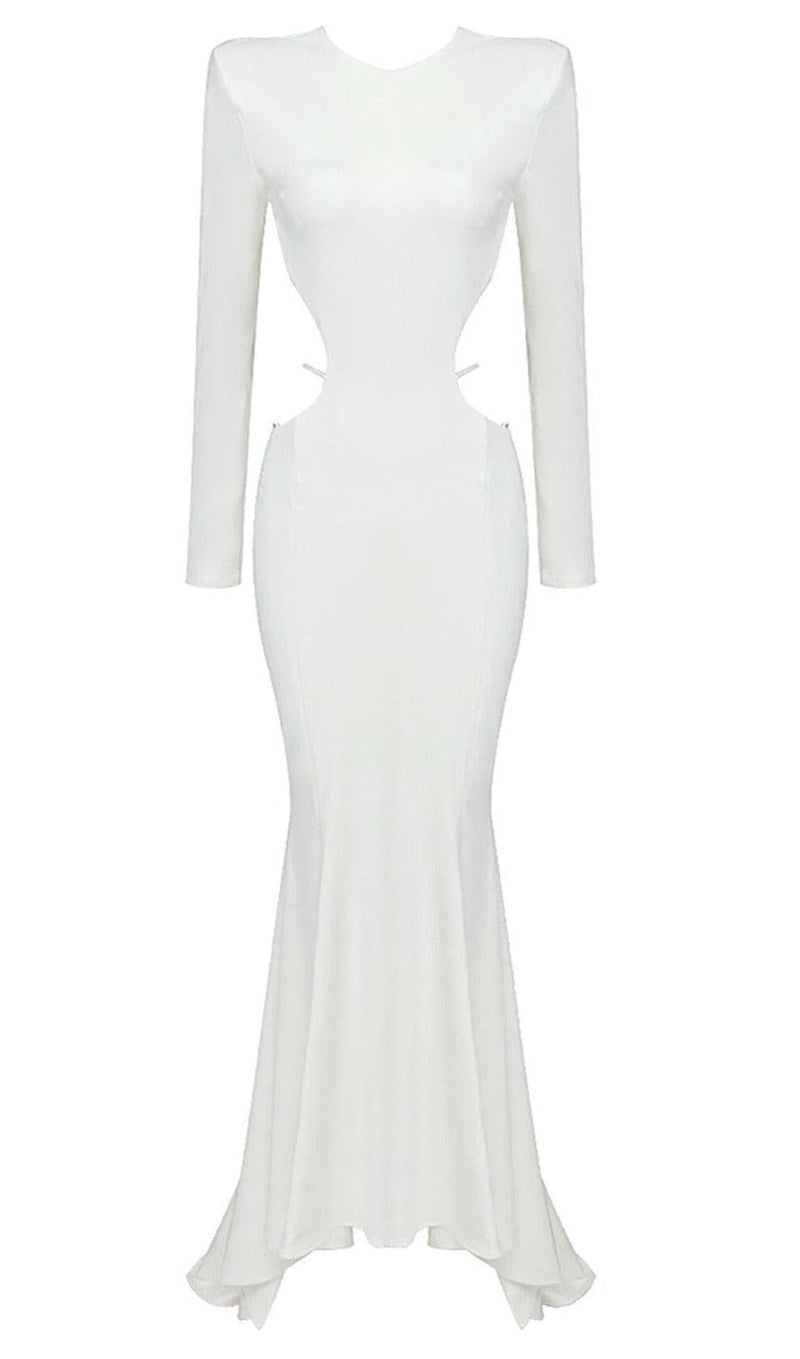 LONG SLEEVE CUT OUT BACKLESS MERMAID MAXI DRESS IN WHITE