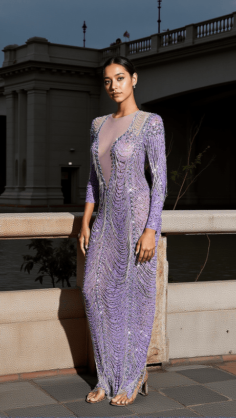 KAEDE CRYSTAL CHAIN FRINGE MESH MAXI DRESS IN PURPLE