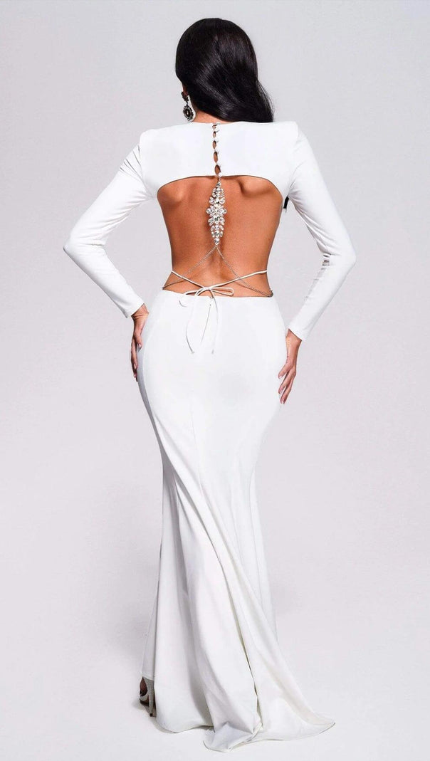 AIIZIE LONG SLEEVE CUT OUT BACKLESS MERMAID MAXI DRESS IN WHITE - product image