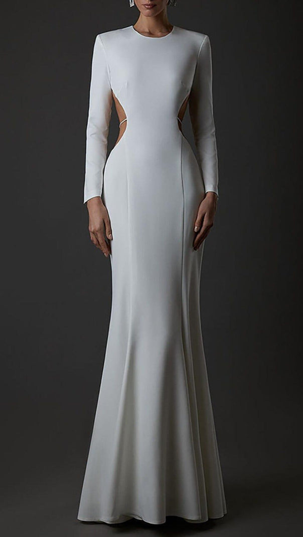 AIIZIE LONG SLEEVE CUT OUT BACKLESS MERMAID MAXI DRESS IN WHITE - product image