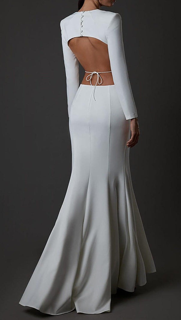 AIIZIE LONG SLEEVE CUT OUT BACKLESS MERMAID MAXI DRESS IN WHITE - product image