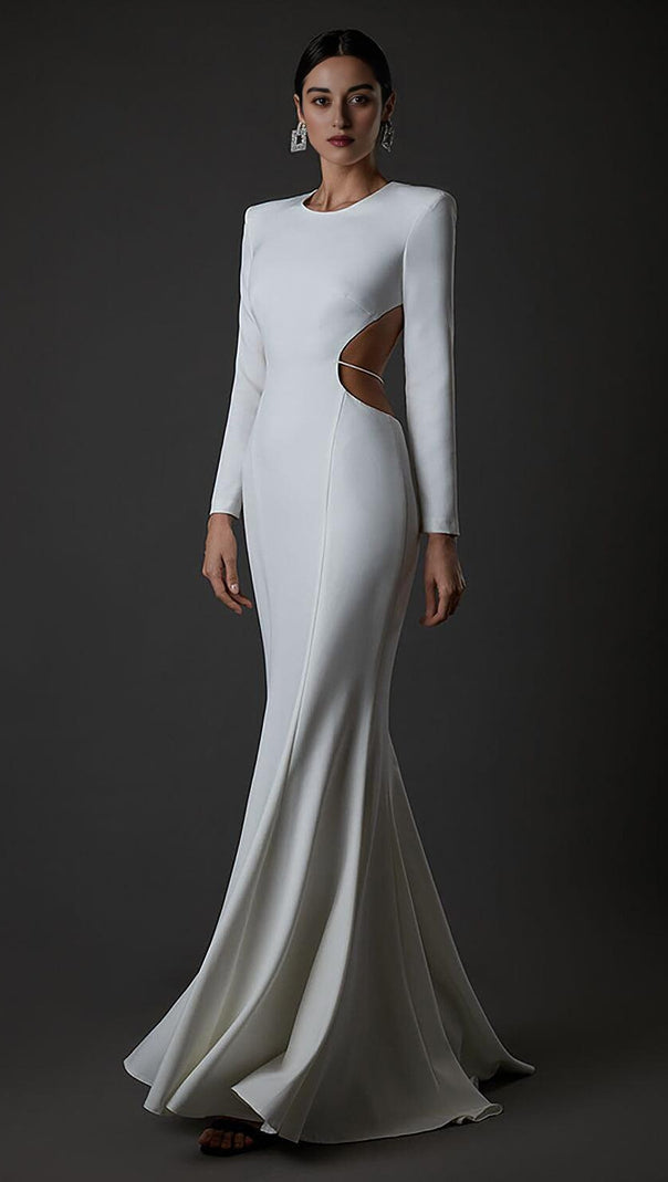 AIIZIE LONG SLEEVE CUT OUT BACKLESS MERMAID MAXI DRESS IN WHITE - product image