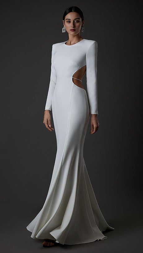 LONG SLEEVE CUT OUT BACKLESS MERMAID MAXI DRESS IN WHITE