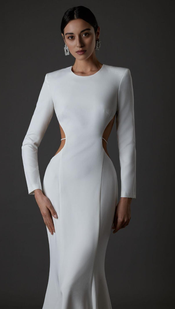 AIIZIE LONG SLEEVE CUT OUT BACKLESS MERMAID MAXI DRESS IN WHITE - product image