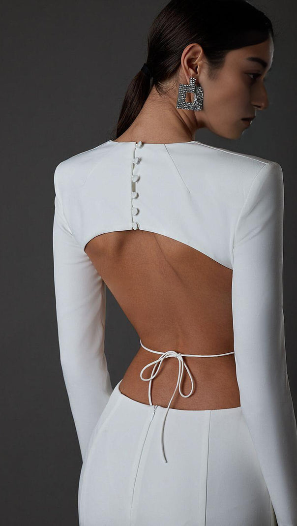 AIIZIE LONG SLEEVE CUT OUT BACKLESS MERMAID MAXI DRESS IN WHITE - product image
