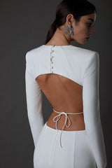 LONG SLEEVE CUT OUT BACKLESS MERMAID MAXI DRESS IN WHITE