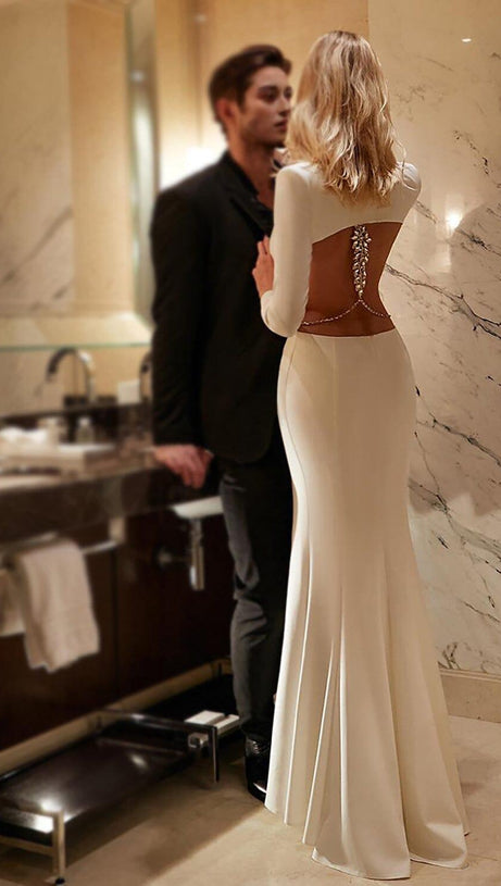 LONG SLEEVE CUT OUT BACKLESS MERMAID MAXI DRESS IN WHITE