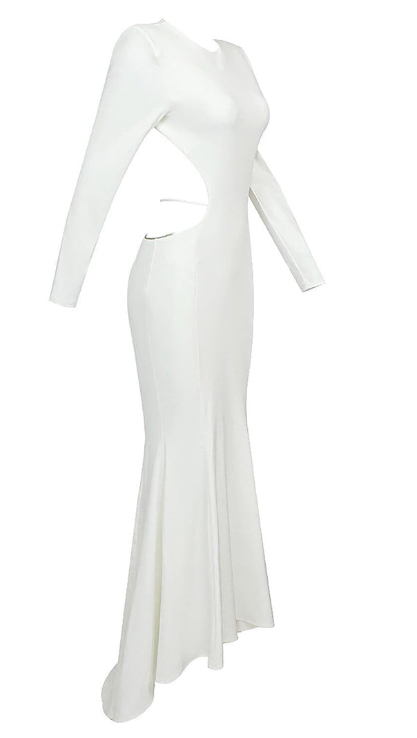 Long Sleeve Cut Out Backless Mermaid Maxi Dress in White