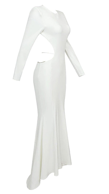 LONG SLEEVE CUT OUT BACKLESS MERMAID MAXI DRESS IN WHITE