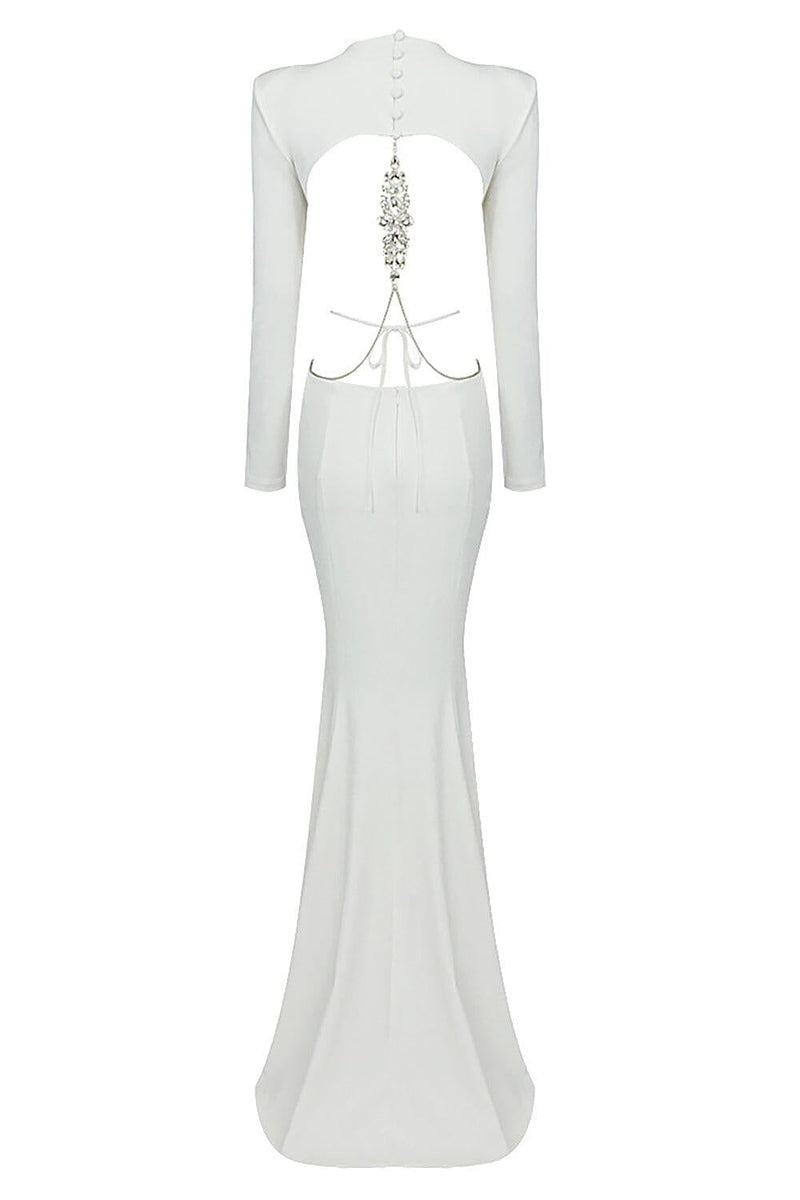 LONG SLEEVE CUT OUT BACKLESS MERMAID MAXI DRESS IN WHITE