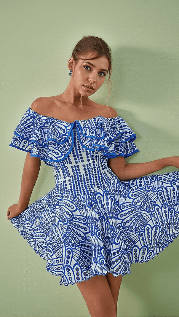 AIIZIE PRINCESS RUFFLE CUTOUT MINI DRESS IN BLUE - product image