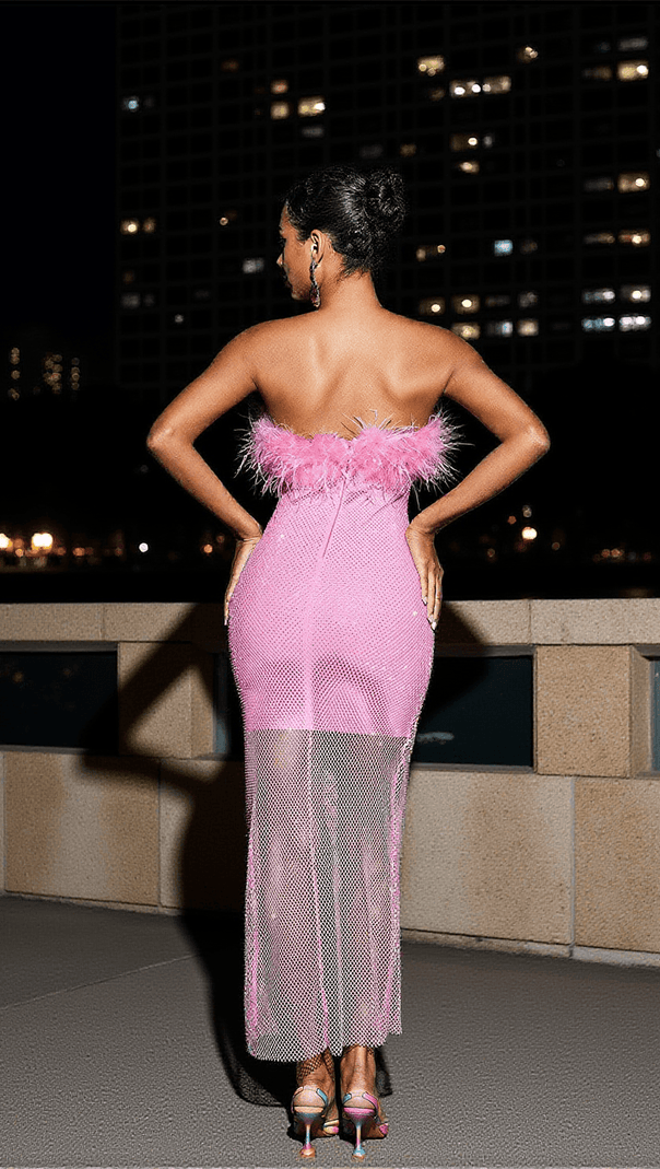 AIIZIE BARBIE MESH RHINESTONE MAXI BANDAGE DRESS IN HOT PINK - product image