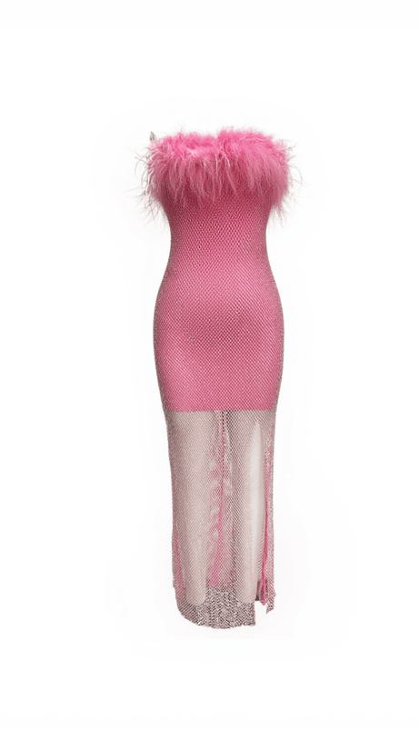 Barbie – Maxi-Bandagekleid aus Netzstoff mit Strasssteinen in Pink