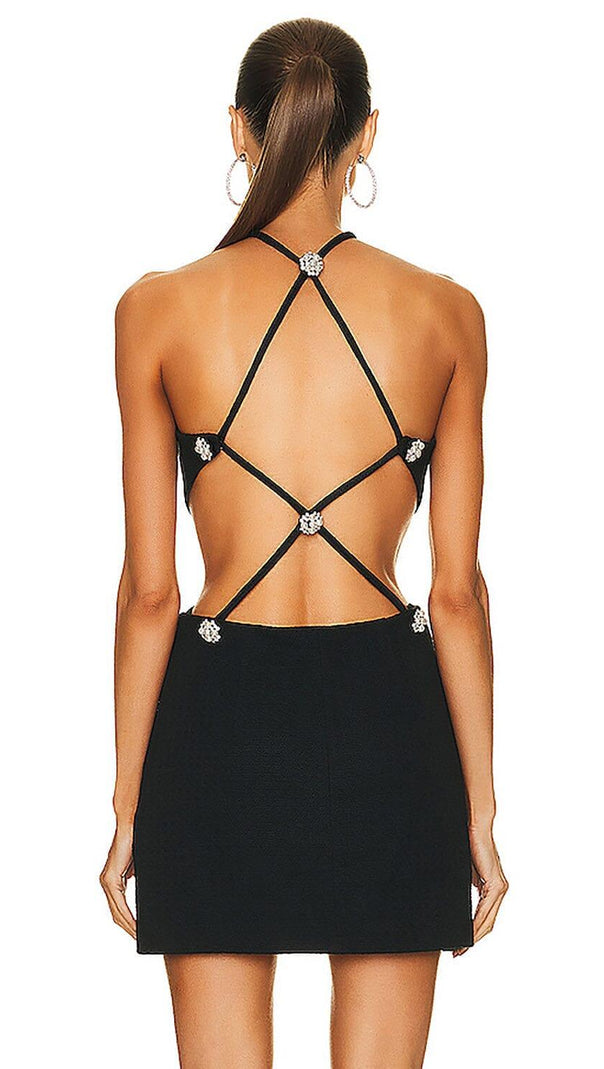 AIIZIE BUTTON BACKLESS HALTE MINI BANDGE DRESS IN BLACK - product image