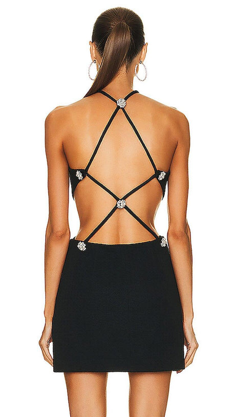 BUTTON BACKLESS HALTE MINI BANDGE DRESS IN BLACK