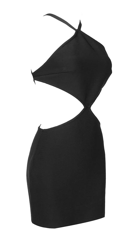 BUTTON BACKLESS HALTE MINI BANDGE DRESS IN BLACK
