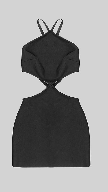 BUTTON BACKLESS HALTE MINI BANDGE DRESS IN BLACK