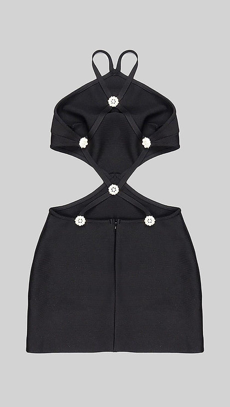 BUTTON BACKLESS HALTE MINI BANDGE DRESS IN BLACK