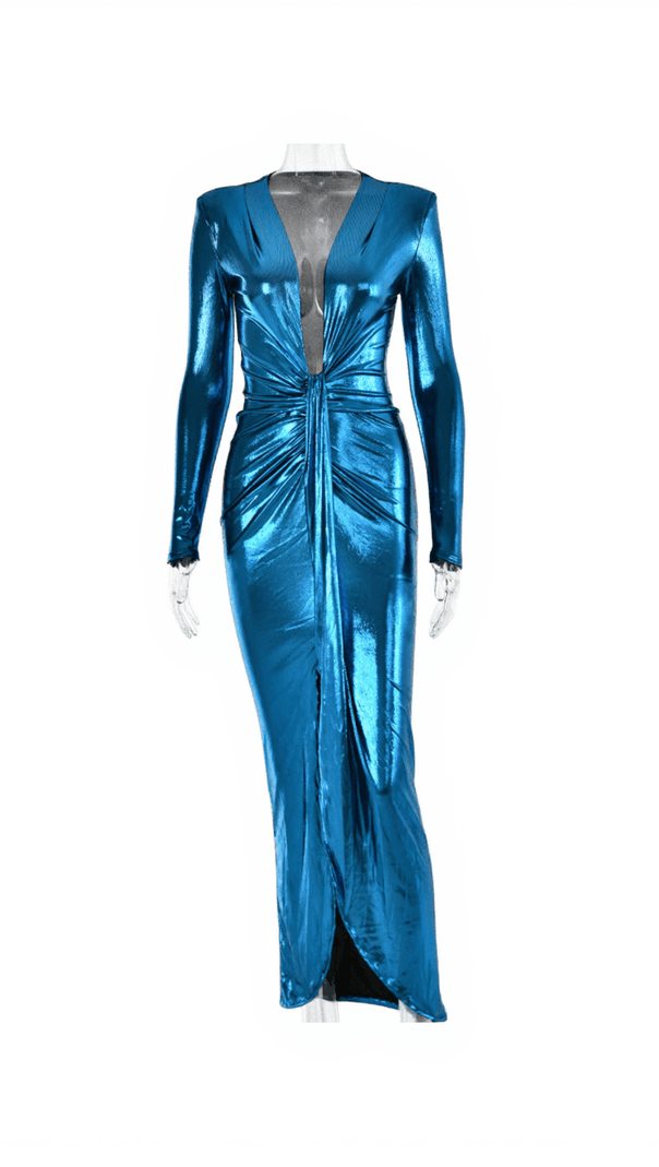 AIIZIE TRESSIE V NECK METALLIC DRESS IN ROYAL BLUE - product image