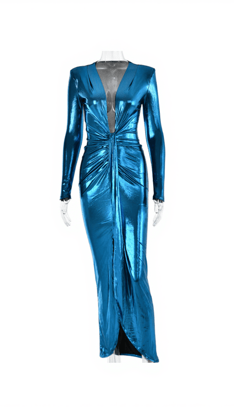 ABITO METALLIZZATO CON SCOLLO A V TRESSIE IN BLU REALE
