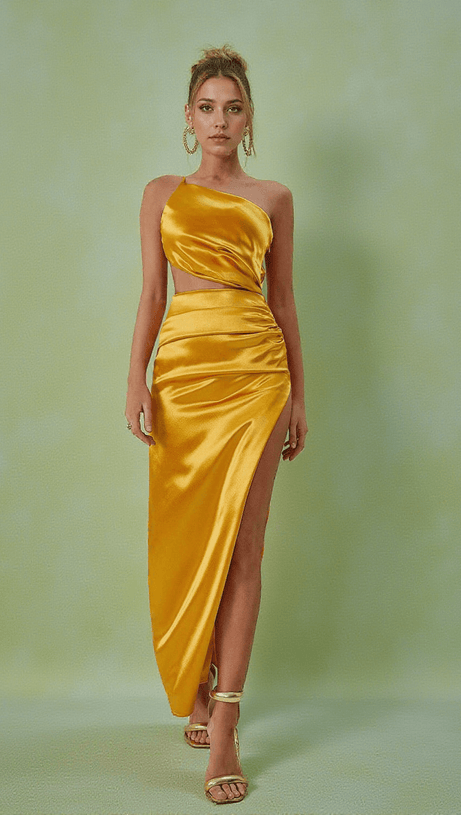 ABITO LUNGO MONOSPALLA CON TAGLIO CHARA IN ORO