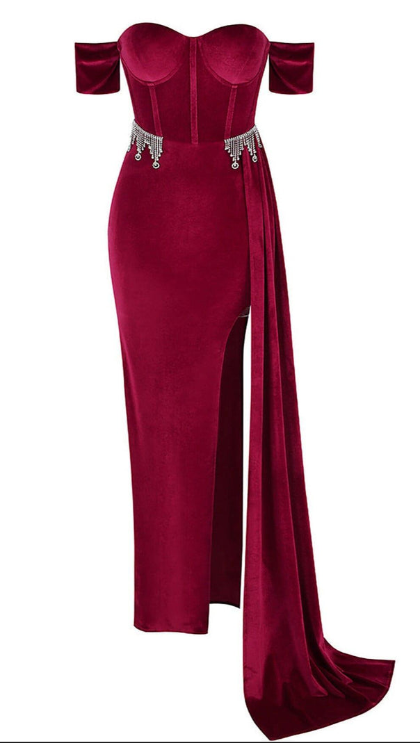 AIIZIE BURGUNDY VELVET OFF SHOULDER SIDE TAIL SLIT MAXI DRESS - product image