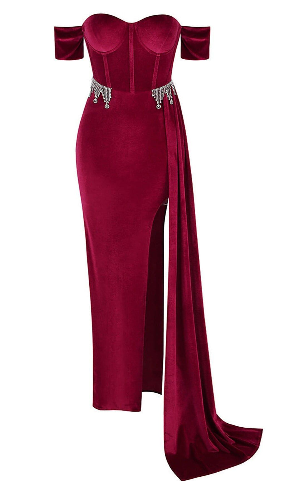BURGUNDY VELVET OFF SHOULDER SIDE TAIL SLIT MAXI DRESS