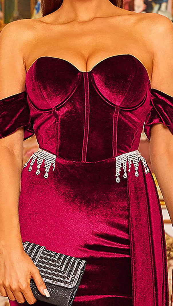 AIIZIE BURGUNDY VELVET OFF SHOULDER SIDE TAIL SLIT MAXI DRESS - product image
