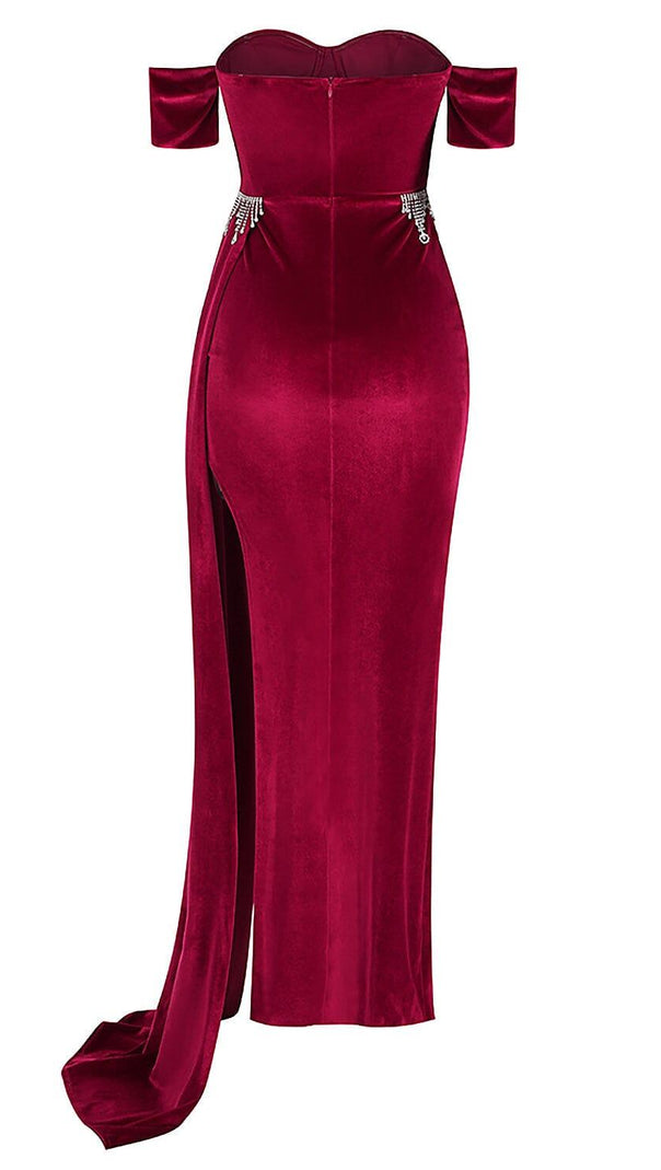 AIIZIE BURGUNDY VELVET OFF SHOULDER SIDE TAIL SLIT MAXI DRESS - product image