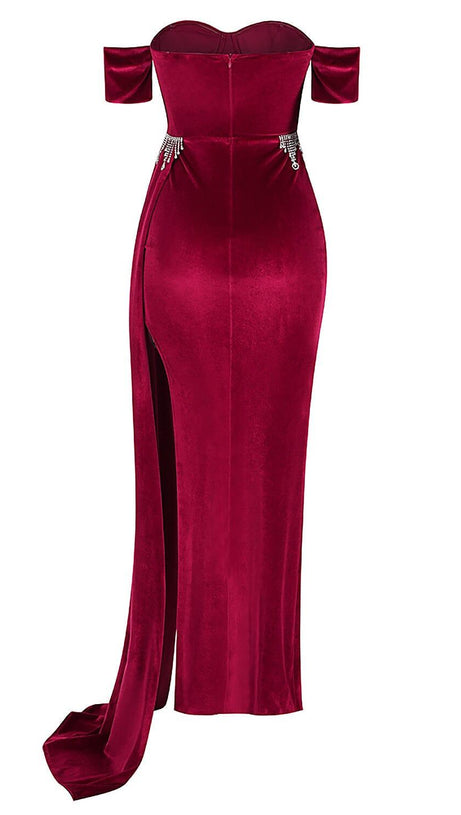 BURGUNDY VELVET OFF SHOULDER SIDE TAIL SLIT MAXI DRESS