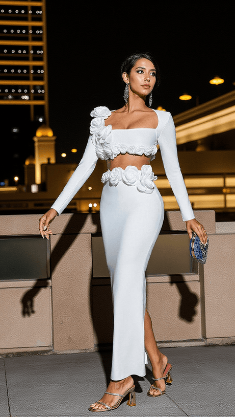 Completo gonna con fascia a fiori RUFUS in bianco