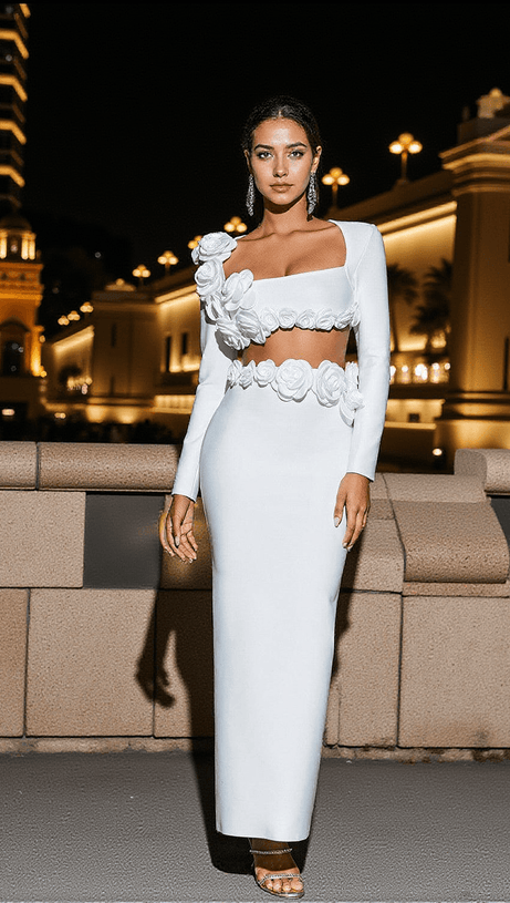 Completo gonna con fascia a fiori RUFUS in bianco