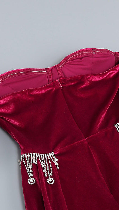 BURGUNDY VELVET OFF SHOULDER SIDE TAIL SLIT MAXI DRESS