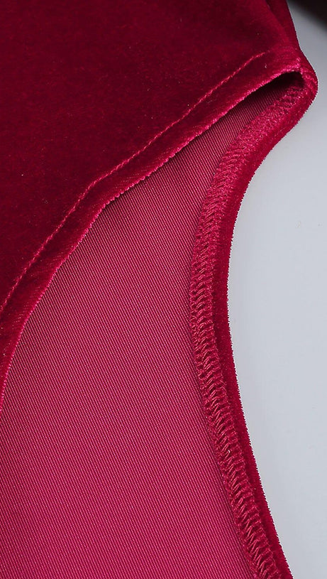 BURGUNDY VELVET OFF SHOULDER SIDE TAIL SLIT MAXI DRESS