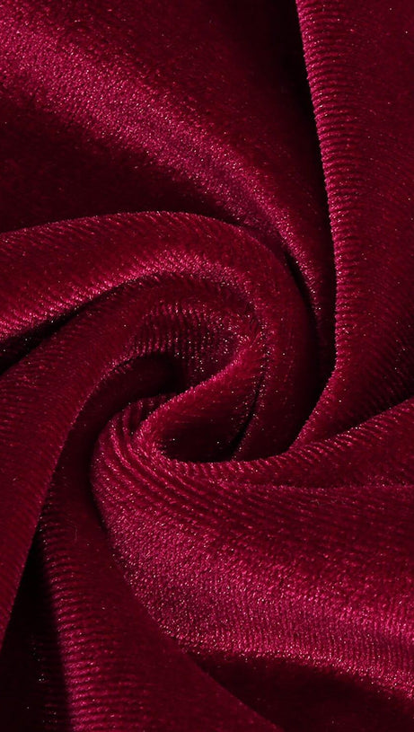 BURGUNDY VELVET OFF SHOULDER SIDE TAIL SLIT MAXI DRESS