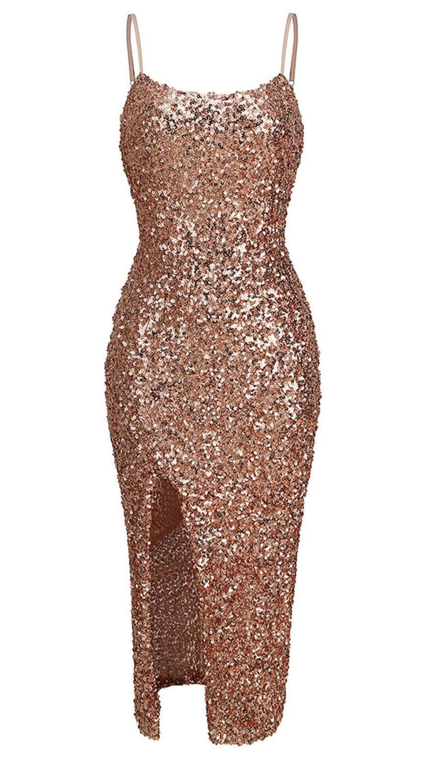 AIIZIE STRAPPY SEQUINS SLIT MIDI DRESS IN GOLD - product image