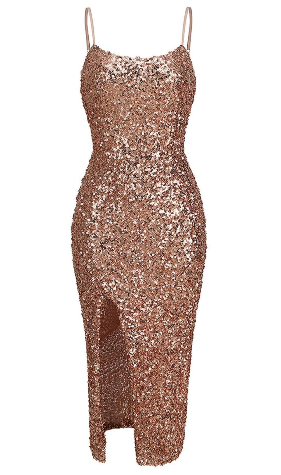 ABITO MIDI CON SPACCHI E PAILLETTES IN ORO