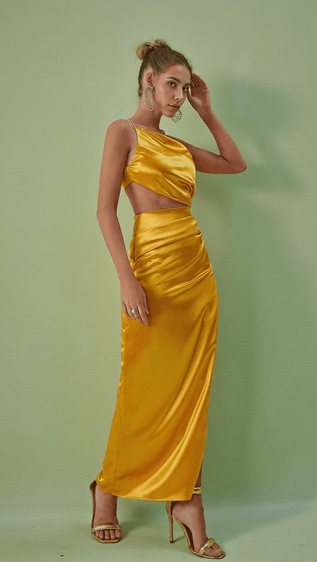 ABITO LUNGO MONOSPALLA CON TAGLIO CHARA IN ORO