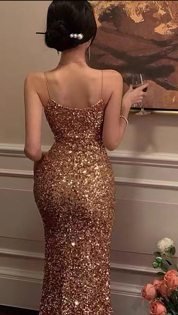AIIZIE STRAPPY SEQUINS SLIT MIDI DRESS IN GOLD - product image