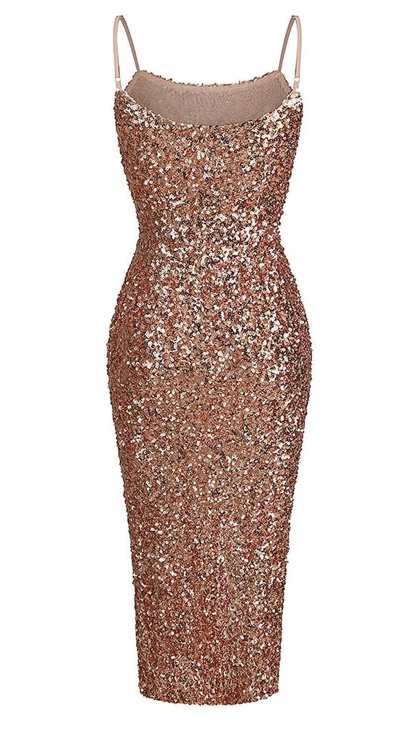 AIIZIE STRAPPY SEQUINS SLIT MIDI DRESS IN GOLD - product image