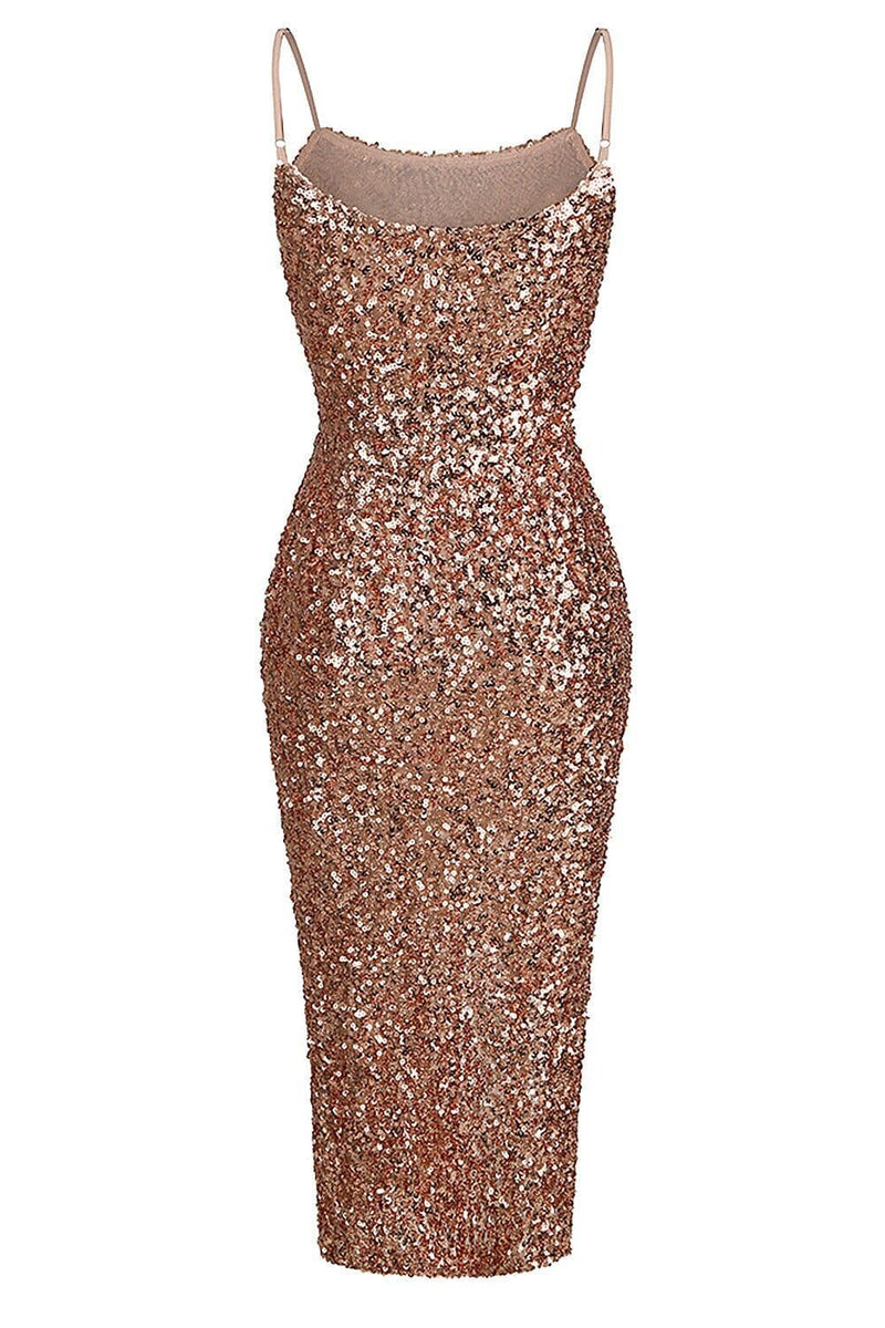 STRAPPY SEQUINS SLIT MIDI DRESS IN GOLD