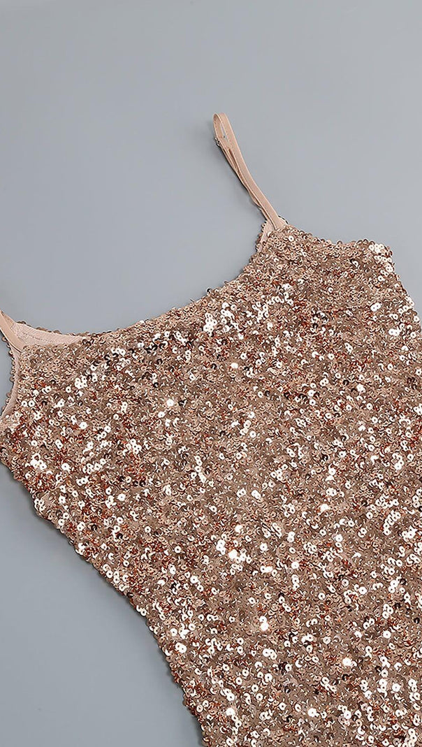 AIIZIE STRAPPY SEQUINS SLIT MIDI DRESS IN GOLD - product image