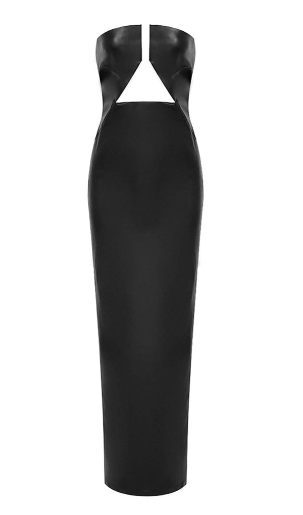 FAUX LEATHER STRAPLESS MAXI DRESS IN BLACK