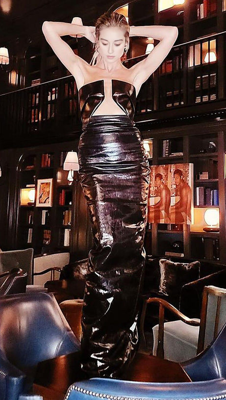 FAUX LEATHER STRAPLESS MAXI DRESS IN BLACK